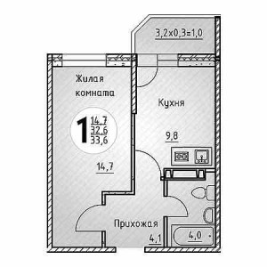 1 комнатная 33.6м²