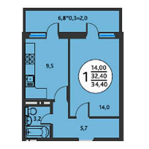 1 комнатная 34.4м²