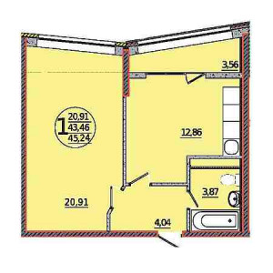 1 комнатная 45.24м²