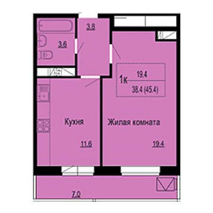 1 комнатная 45.4м²