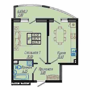 1 комнатная 40.25м²