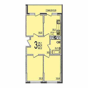 3 комнатная 64.1м²