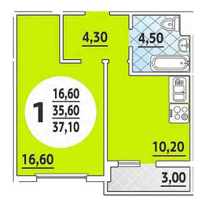 1 комнатная 37.1м²