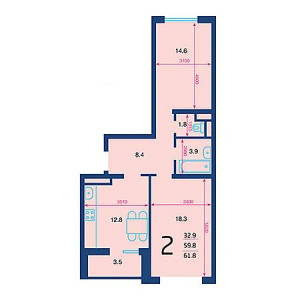 2 комнатная 61.8м²