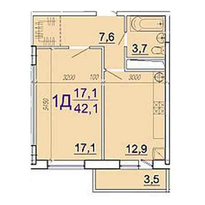 1 комнатная 42.1м²