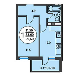 1 комнатная 29.6м²