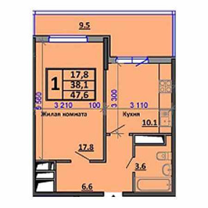 1 комнатная 47.6м²