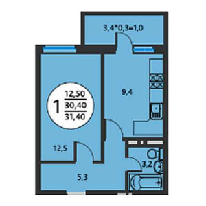 1 комнатная 31.4м²