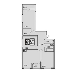 3 комнатная 73.5м²