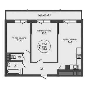 2 комнатная 59.6м²