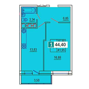 1 комнатная 44.4м²