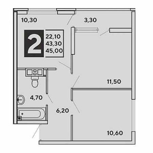 2 комнатная 45м²