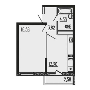 1 комнатная 40.56м²