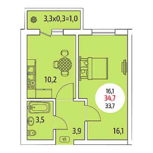 1 комнатная 34.7м²