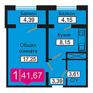 1 комнатная 41.67м²