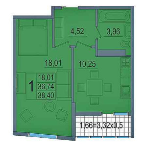 1 комнатная 38.4м²