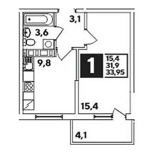 1 комнатная 33.95м²