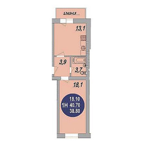 1 комнатная 40.7м²