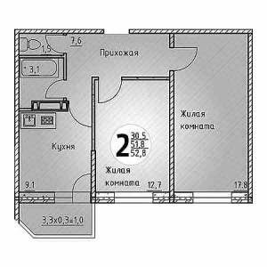 2 комнатная 52.8м²