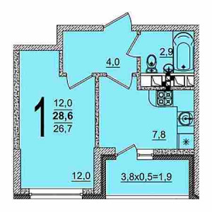 1 комнатная 28.6м²