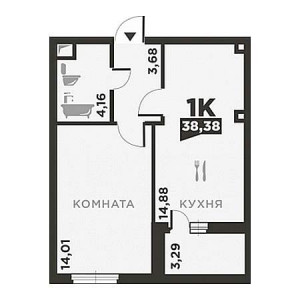 1 комнатная 38.38м²