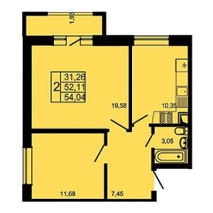 2 комнатная 54.04м²