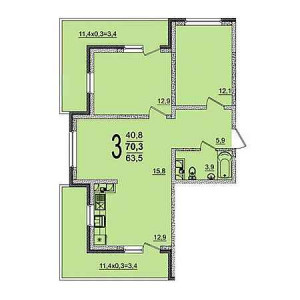 3 комнатная 70.3м²