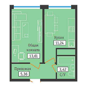 1 комнатная 33.63м²