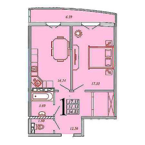 1 комнатная 54.85м²