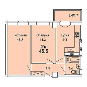 2 комнатная 45.5м²