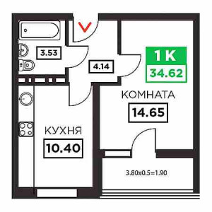 1 комнатная 34.62м²