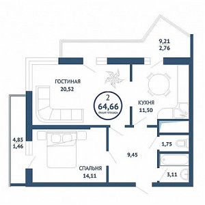 2 комнатная 64.66м²