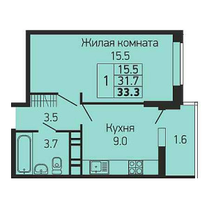 1 комнатная 33.3м²