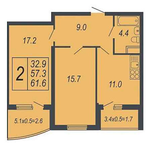 2 комнатная 61.6м²