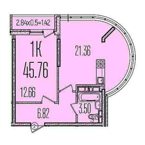 1 комнатная 45.76м²