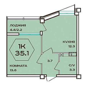 1 комнатная 35.1м²