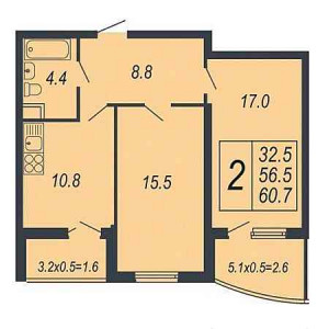 2 комнатная 60.7м²