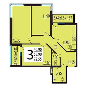 3 комнатная 72.55м²