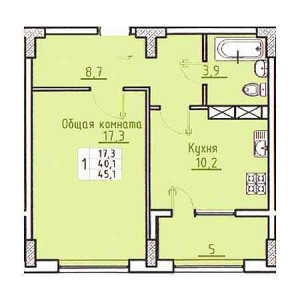 1 комнатная 45.1м²