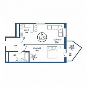 2 комнатная 61.72м²