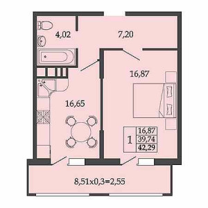 1 комнатная 42.29м²