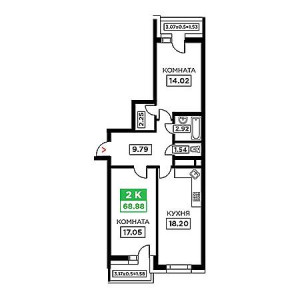 2 комнатная 68.88м²