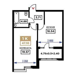 1 комнатная 47.1м²