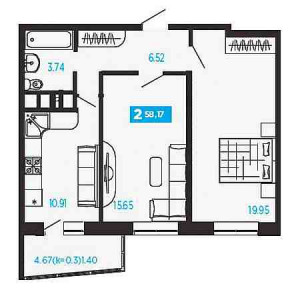 2 комнатная 58.17м²