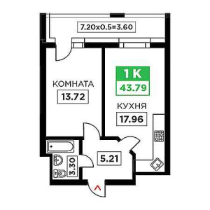 1 комнатная 43.79м²