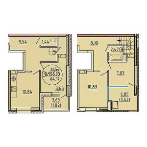 3 комнатная 64.17м²