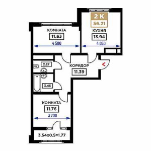 2 комнатная 56.21м²