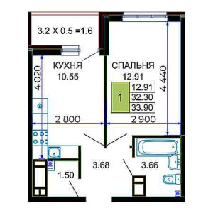 1 комнатная 33.9м²