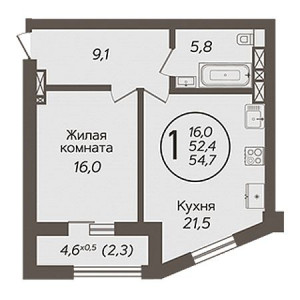 1 комнатная 54.7м²