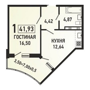 1 комнатная 41.93м²